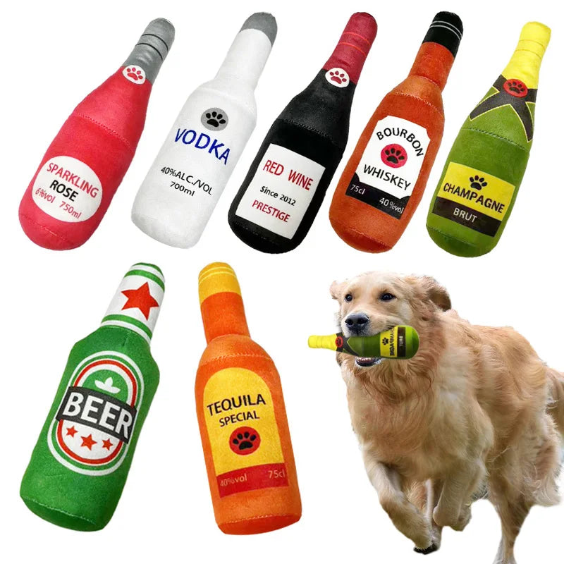 "Funny Beer Bottle Plush Dog Toys – Squeaky, Teeth-Cleaning Chew Toy for Small & Large Dogs!"